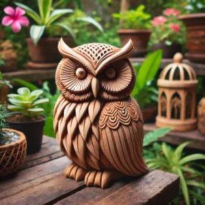 Rustic Wooden Owl Statue