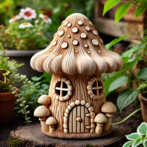 Hand-Carved Wooden Toadstool Fairy House